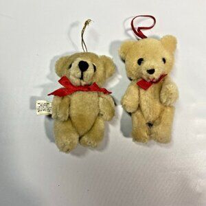 Lot of 2 Vintage Hanging Teddy Bears Ornaments Jointed Plush 4" Red Bows